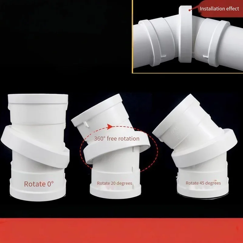 1Pc 0~45° PVC Rotary Elbow Fitting 50~160mm Adjustable Angle Connector Joint for Kitchen Bathroom Residential Sewer Drain Tube