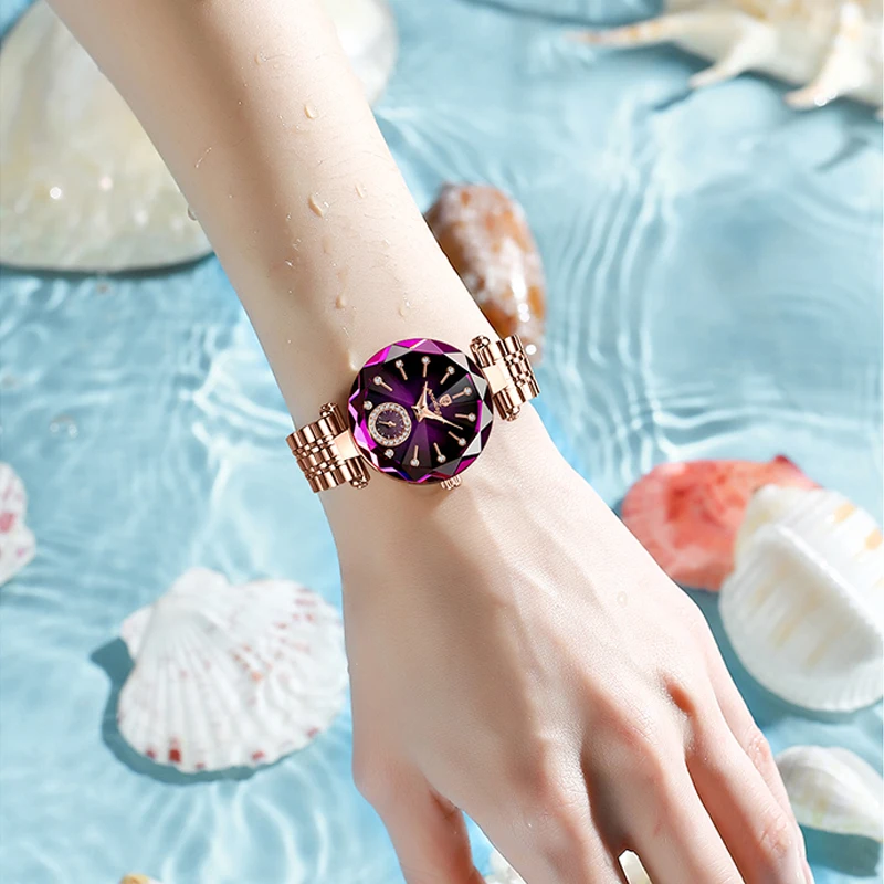 นาฬิกาผู้หญิงคริสตัลสแตนเลสสตีลควอตซ์นาฬิกาข้อมือนาฬิกากันน้ำแฟชั่นสุภาพสตรี Elegant Gold นาฬิกา