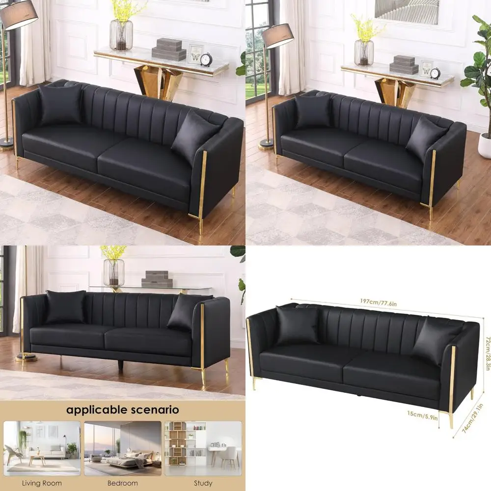 

3 Seater Black Faux Leather Sofa with Throw Pillows for Living Room Comfort