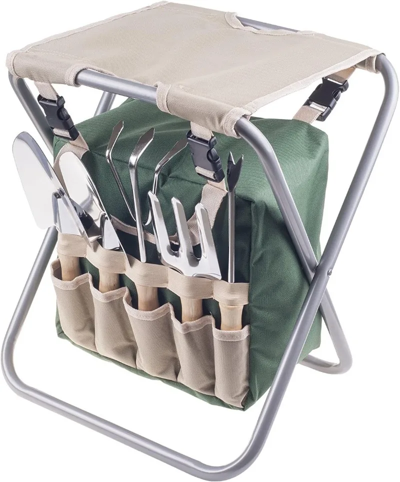 

Folding Garden Stool with Tool Bag Plus 5 Garden Tools,Tan, Green and Silver