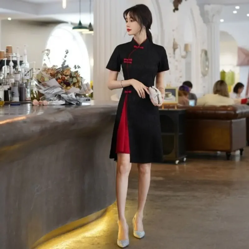 

Stand Collar Short Sleeve Qipao Dress Long Fork Vintage Traditional Chinese Dress Casual China-Chic Cheongsam Summer