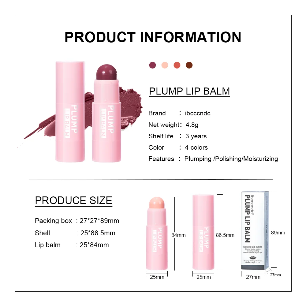 ibcccndc 4-Farben-vollständig aufpolsternder Lippenbalsam, getönter Lippenbalsam, praller, verbessernde und feuchtigkeitsspendende Lippenfeuchtigkeitscreme, formuliert mit Peptid