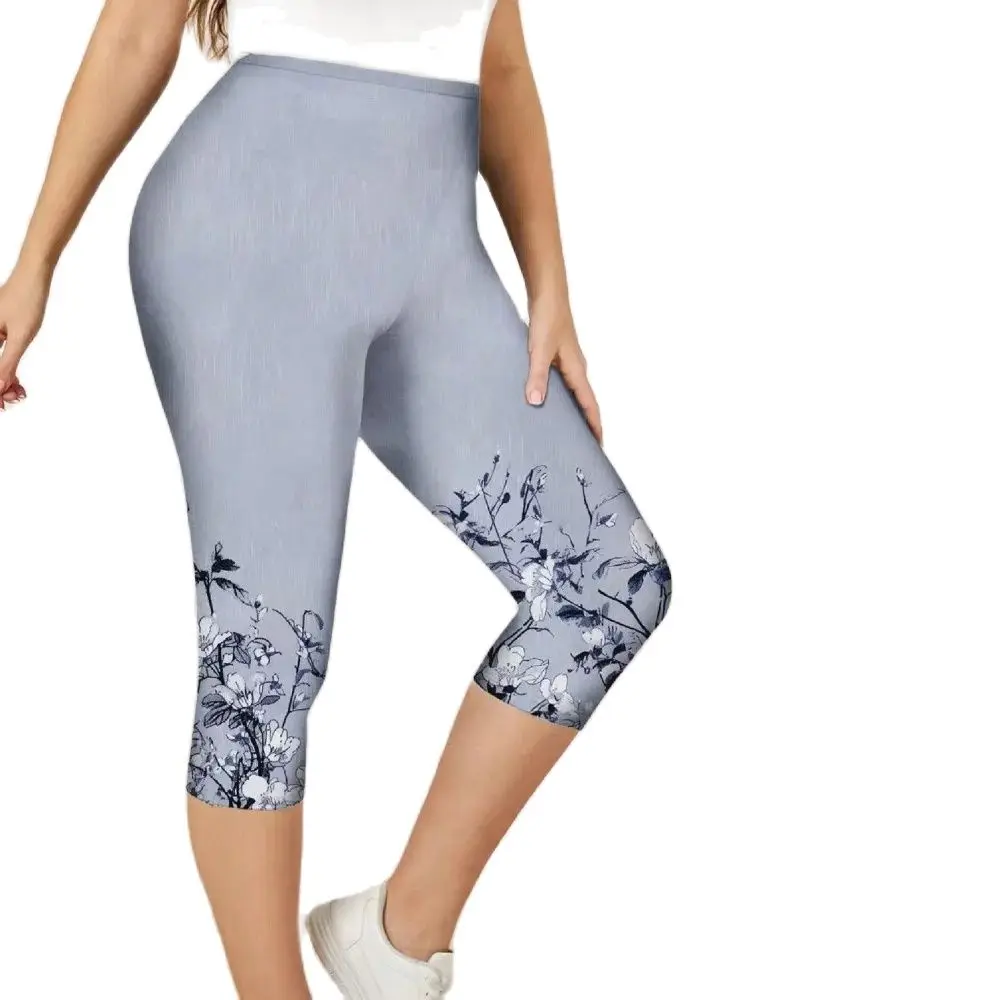 Floral floral print elastic elastic waist tight casual leggings slim cropped pants for women