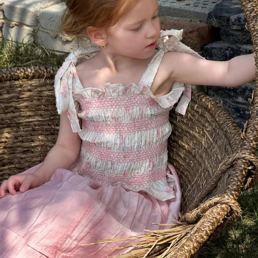 Girls Vest Sleeveless Top 2026 Summer New Girls Pulling Strap Top Girls Floral Sweet Top Versatile
