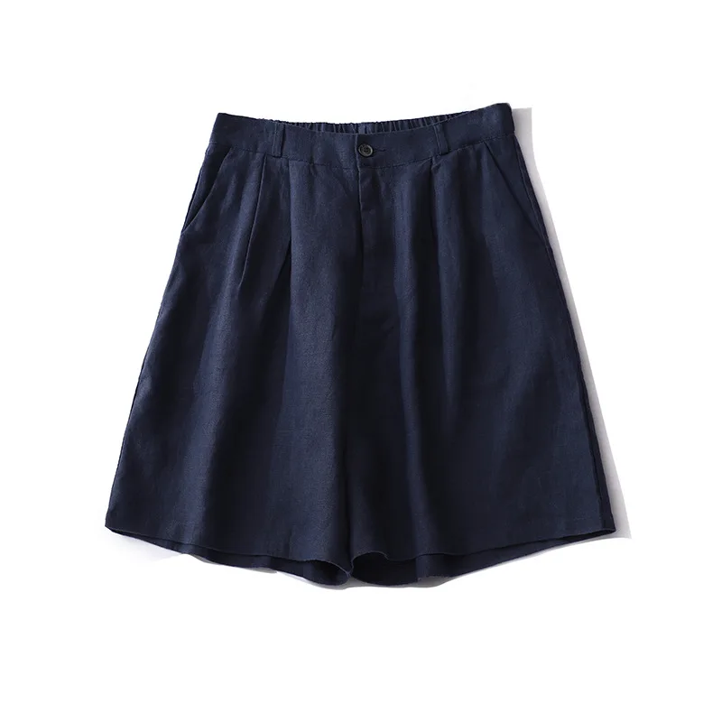 Women Solid Shorts Cotton Linen  Wide Leg Pants Knee Lenth Mid Elastic Waist Zipper Thin Loose Office Lady Casual 2026 Summer