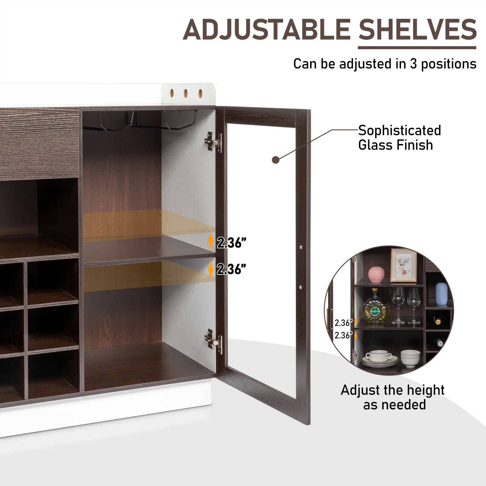 باب زجاجي مزدوج مع درج واحد وخزانة جانبية لرف النبيذ بـ 12 زجاجة بإطار أسود + لوحات داخلية باللون الأبيض والبني #4