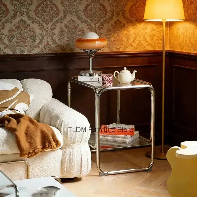 Minimalist Glass & Chrome Accent Table, 2-Tier Transparent Side Table, Modern Industrial End Table for Home Decor