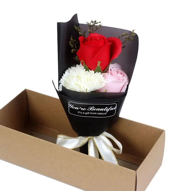 3 Heads Soap Rose Bouquet Artificial Rose Bouquet For Wedding Decoration Souvenir Valentine's Day Gift Roses Gift Box