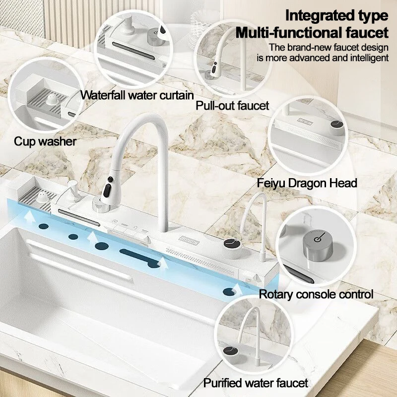 White Whale Flying Rain Waterfall Stainless Steel Sink Honeycomb Digital Display Multi-functional Thickened Kitchen Single Sink