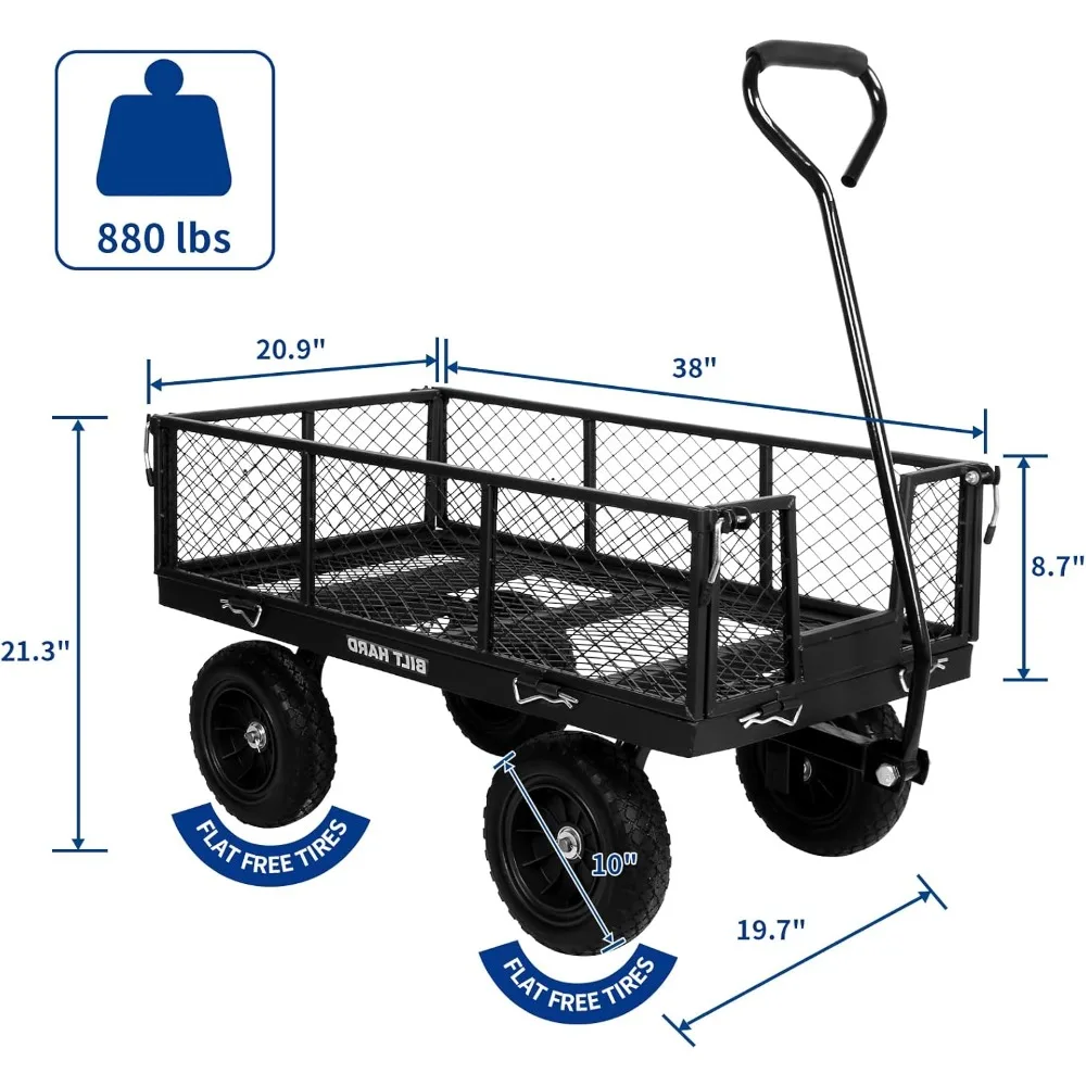 880Lbs Garden Cart, 10 Inch Flat Free, Steel 180 Degree Handle, Removable Sides Utility
