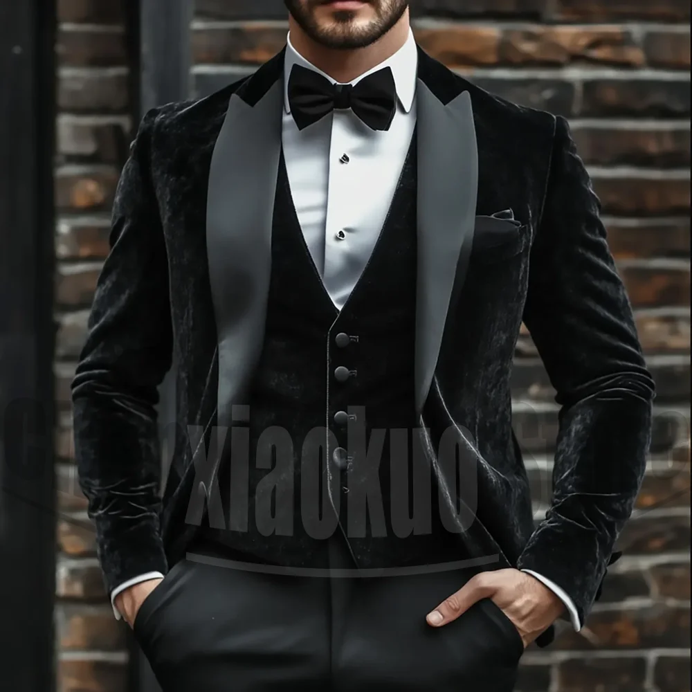 

Black Velvet Men Suits 3 Pieces Fashion Boutique Business Casual Suit Slim Formal Chic Peak Lapel Groom Wedding Tuxedos