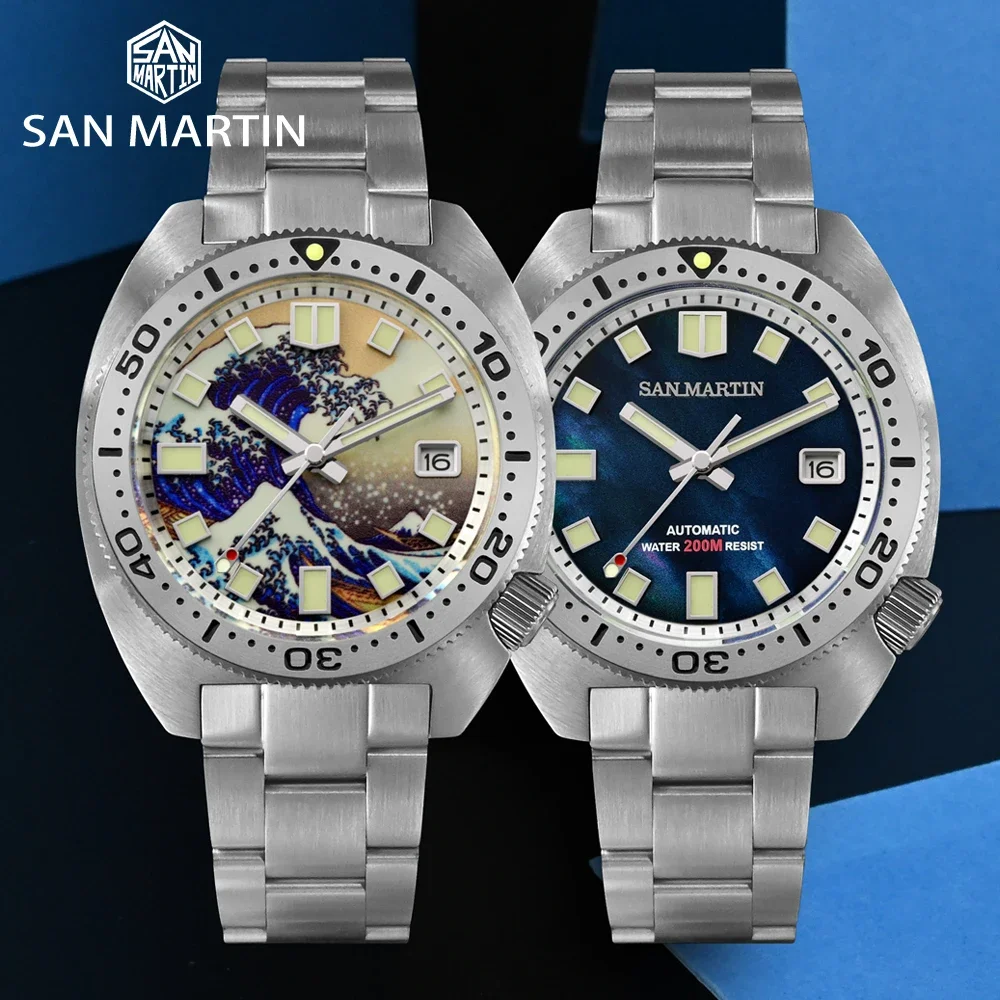 San Martin Men Diver Watch 6105 Wave 3D Printing Full Luminous Kanagawa Surfing Dial NH35 Automatic Mechanical Watches Sapphire