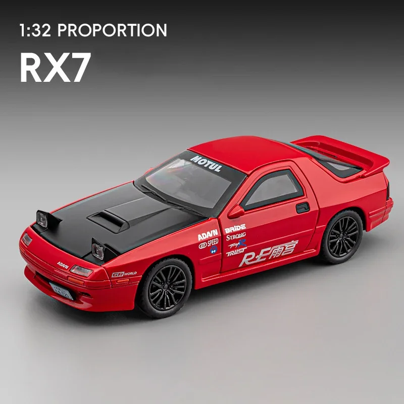 1:32 Mazda RX7 Modello di auto sportiva Giocattoli Pressofuso in lega Suono Luce 4 porte aperte Tirare indietro Ornamento Veicoli giocattolo Regali per bambini