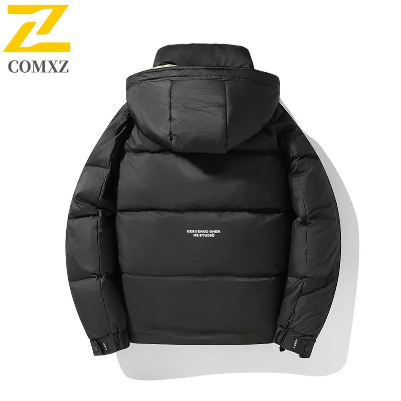 COMXZ Men Down Short Jacket Hooded Collar Commute Office Lightweight Puffer Coat Trendy Travel Cold Protection Warm Winter Coat