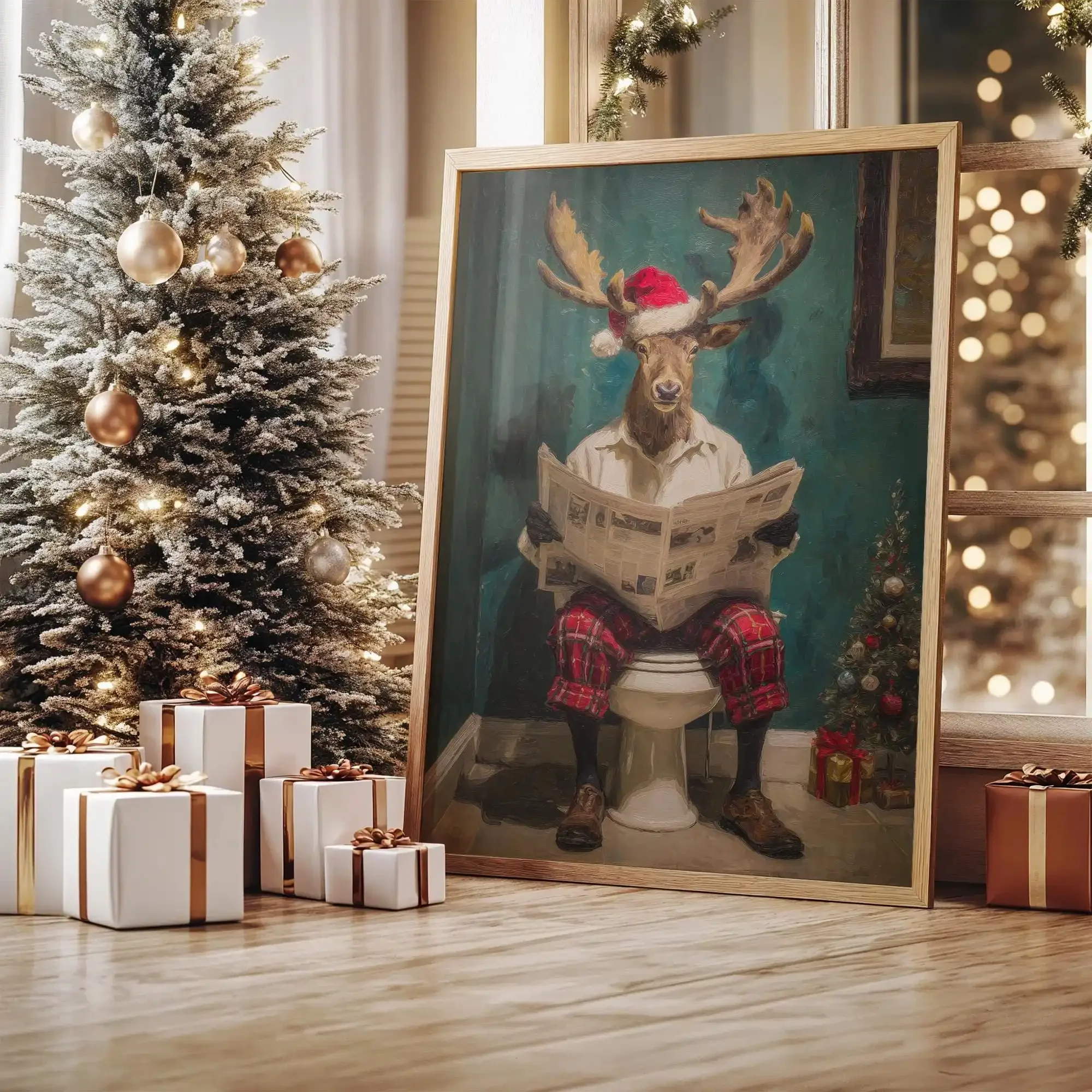 1pc frameless Canvas Painting Funny Christmas Bathroom Wall Art Decor Deer Santa Claus Biscuits Print Posters  Holiday Decor Chr