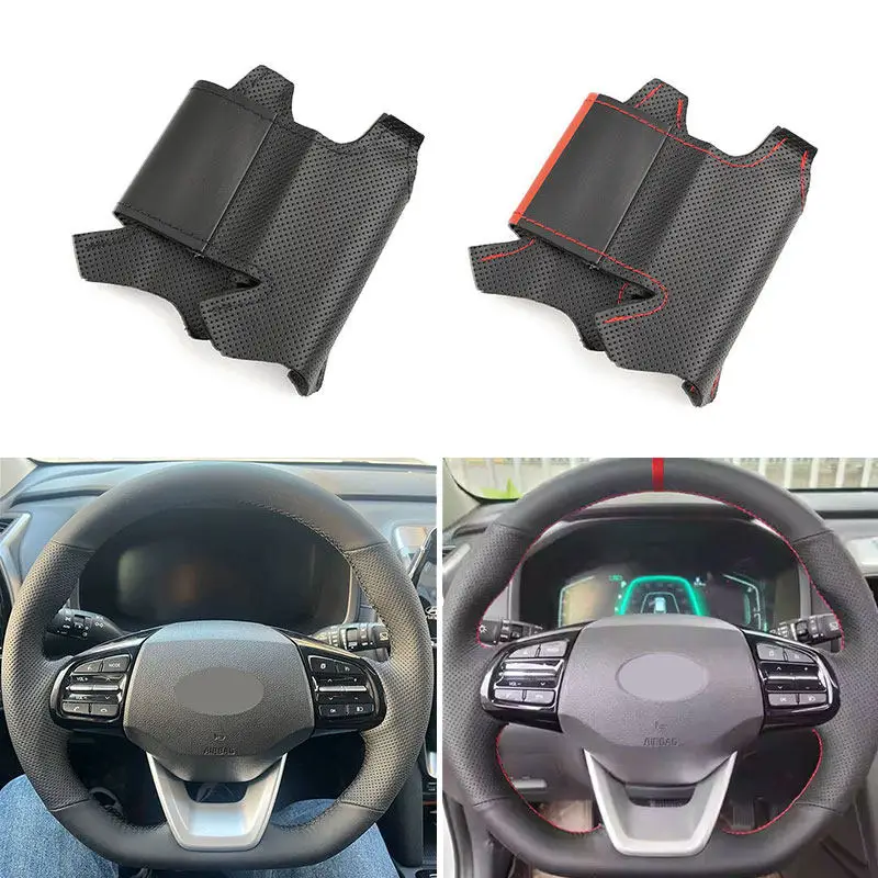 

For Hyundai Santa Fe ix35 2019 2020-2024 Car Inner Accessories Braid Steering Wheel Microfiber Leather Cover Trim Hand Sewing