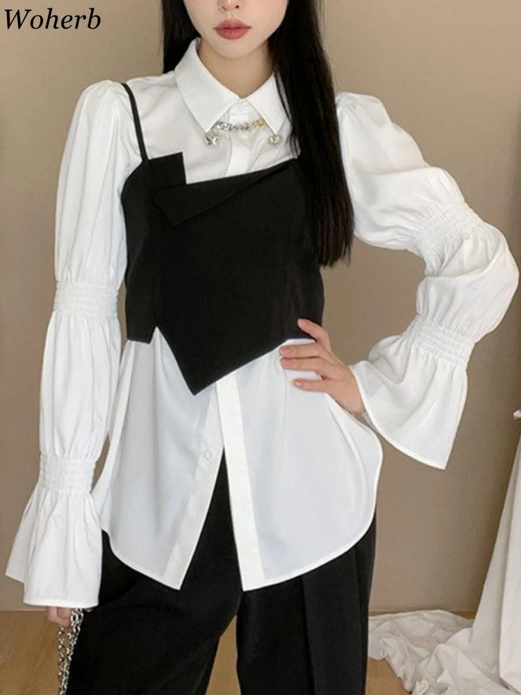 Woherb Y2k Korean 2 Piece Sets Women Asymmetrical Flare Sleeve Solid Shirts All-match Leisure Fashion Elegant Turn Down Collar