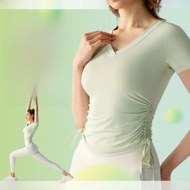 

Женский весенне-летний топ для йоги с короткими рукавами и завязками, плиссированная талия, повседневная спортивная рубашка для фитнеса, удобная для похудения