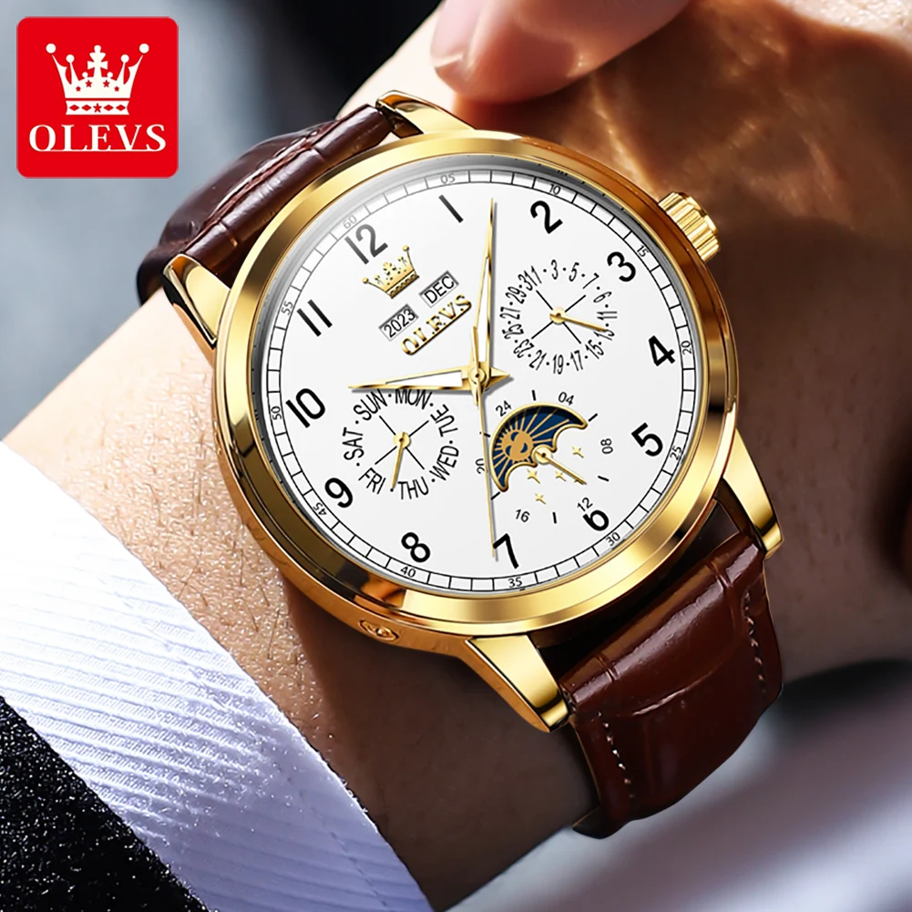 ساعات OLEVS للرجال كاجوال عصرية أصلية ساعة يد ميكانيكية أوتوماتيكية بتقويم كامل مقاومة للماء ومرحلة القمر المضيئة الجديدة #4