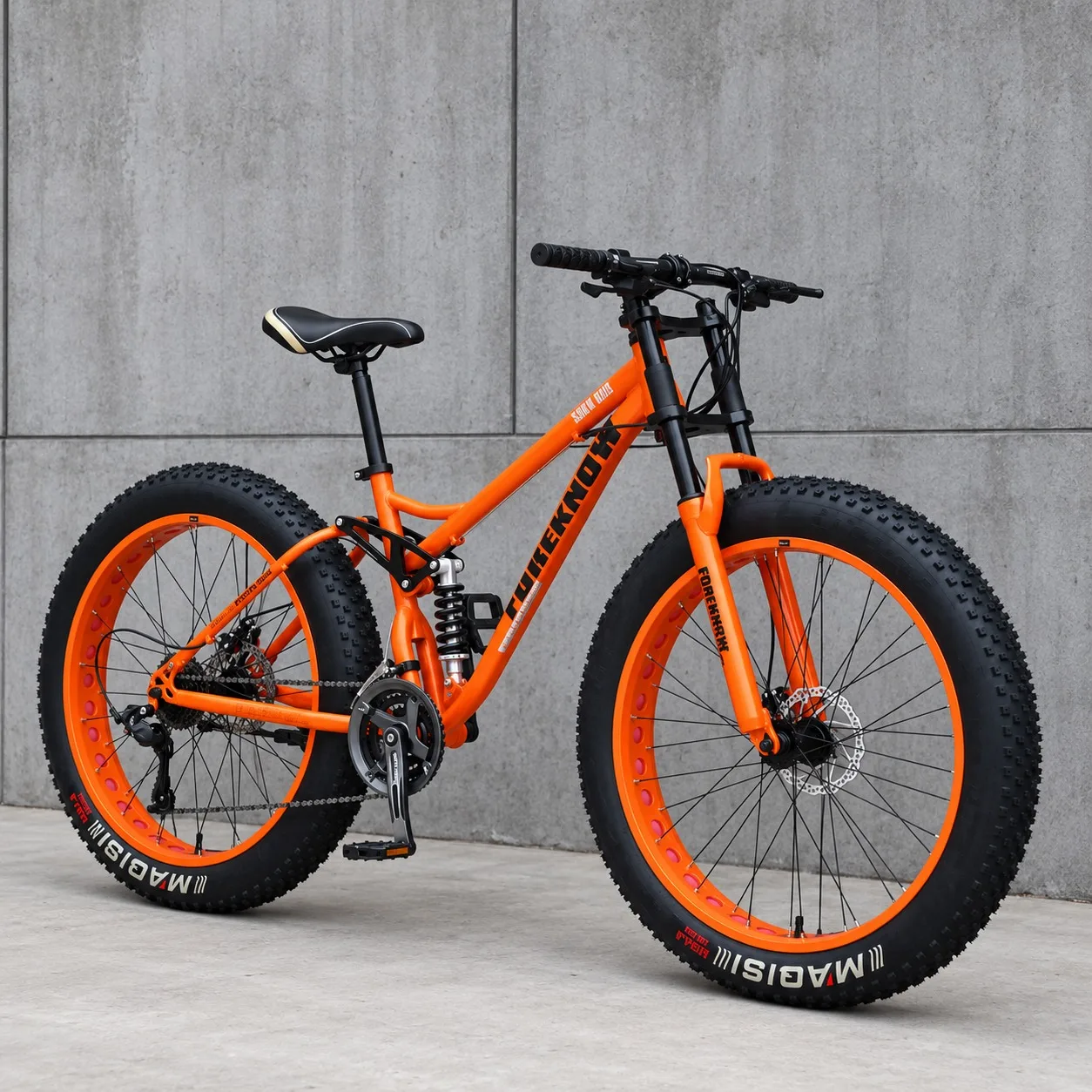 Adult Off-Road Mountain Bike with Shock Absorption, Orange Spoked Wheels