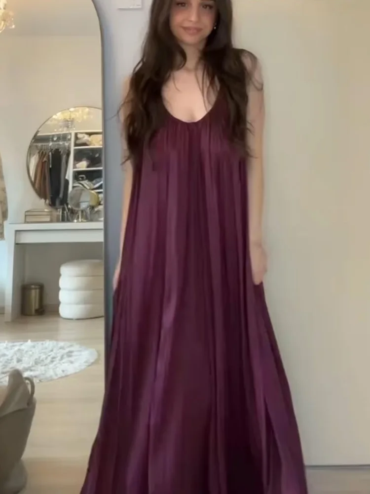 HH Summer Woman Sexy Satin Texture Long Dresses Women O-Neck Dress Sleeveless Backless Pleated Decorate Beach Party Dress