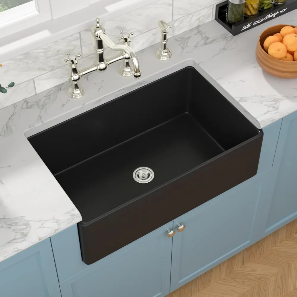 33 بوصة ماتي الأسود Fireclay السيراميك وعاء واحد المئزر حوض المطبخ الأمامي، نمط المزرعة التقليدية، الخزف المتين Constr #2