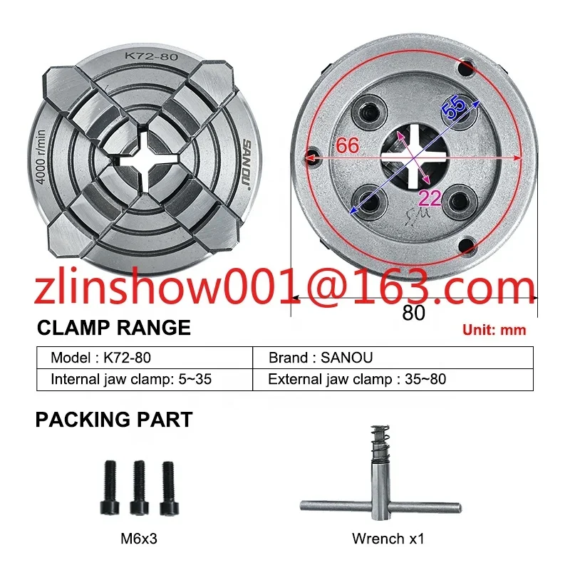 Mini lathe chuck 80mm SANOU 4-jaw lathe chuck K72-80 independent chuck