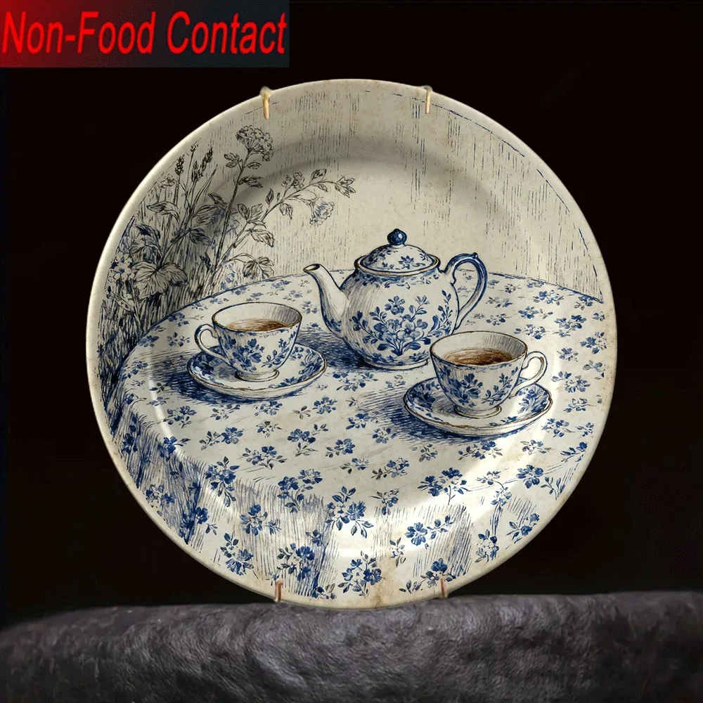 2D Flat, 1pc Ceramic Decorative Plate, Non-Food Contact Pure Decoration, Blue and White Porcelain Teapot and Cup Pattern Home