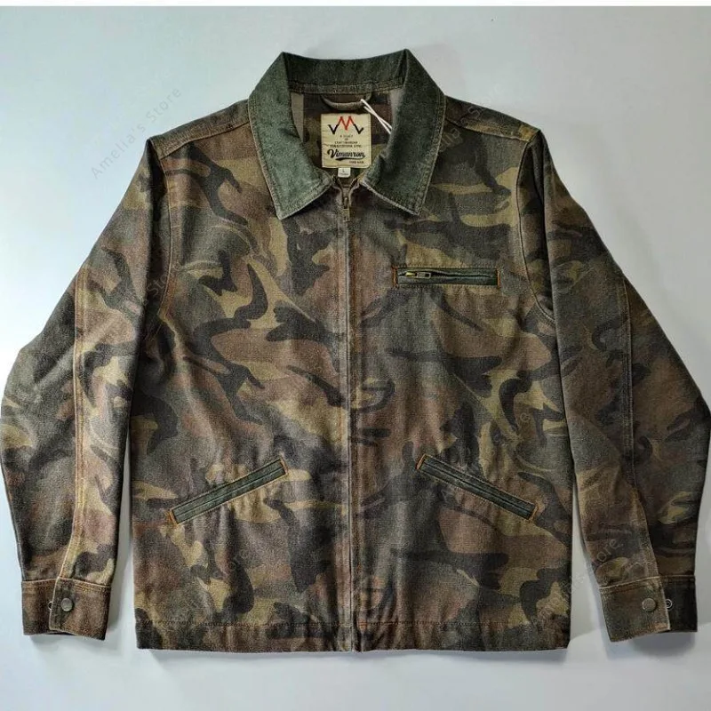Men's Detroit Jacket Heavyweight Canvas Camo Vintage American Workwear Corduroy Collar Tactical Military Jacket Amekaji Style