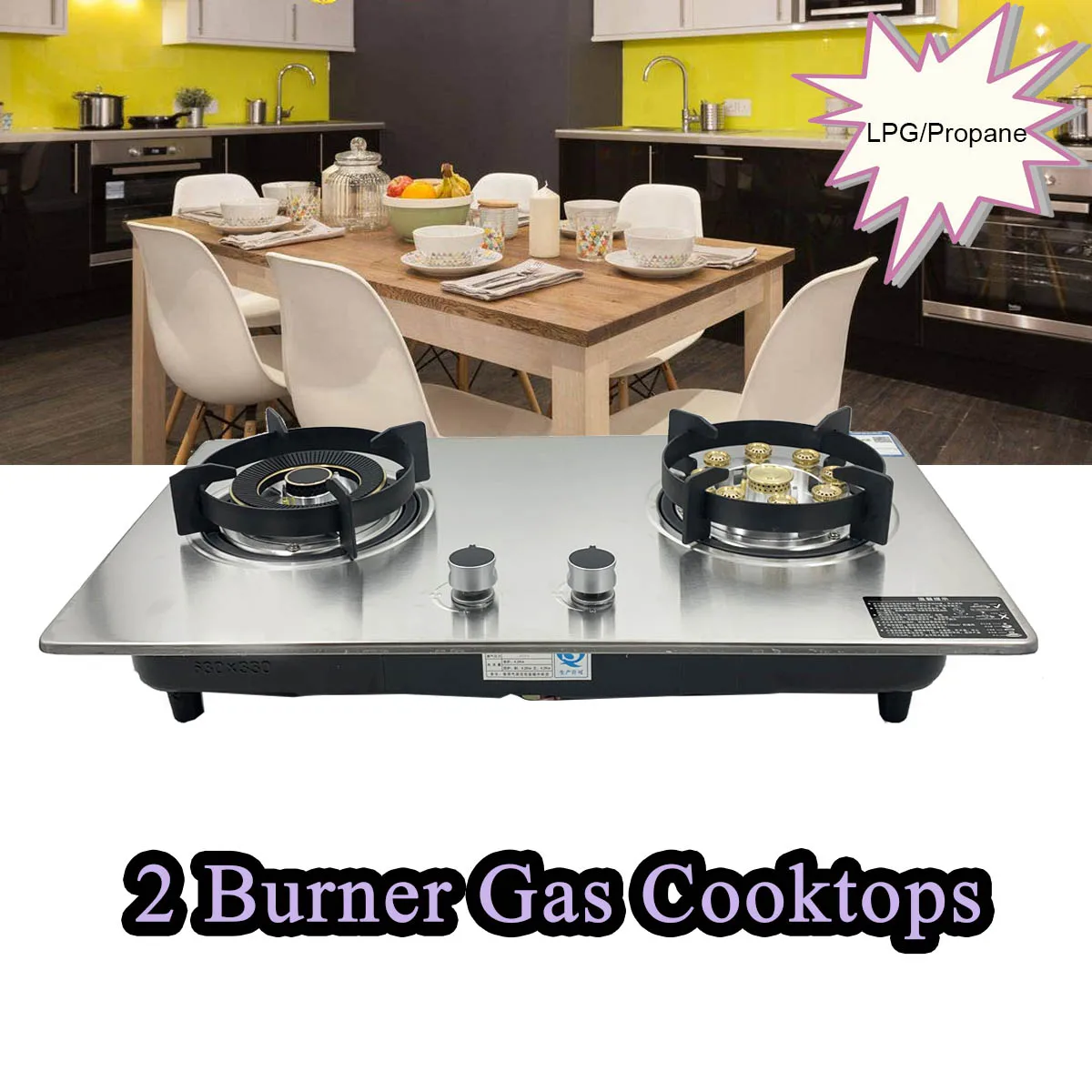 

Double Burner Gas Cooker Stainless Steel Gas Stove LPG/Propane Gas Hob Double Flame 4.5KW Left+5.2KW Right Burner