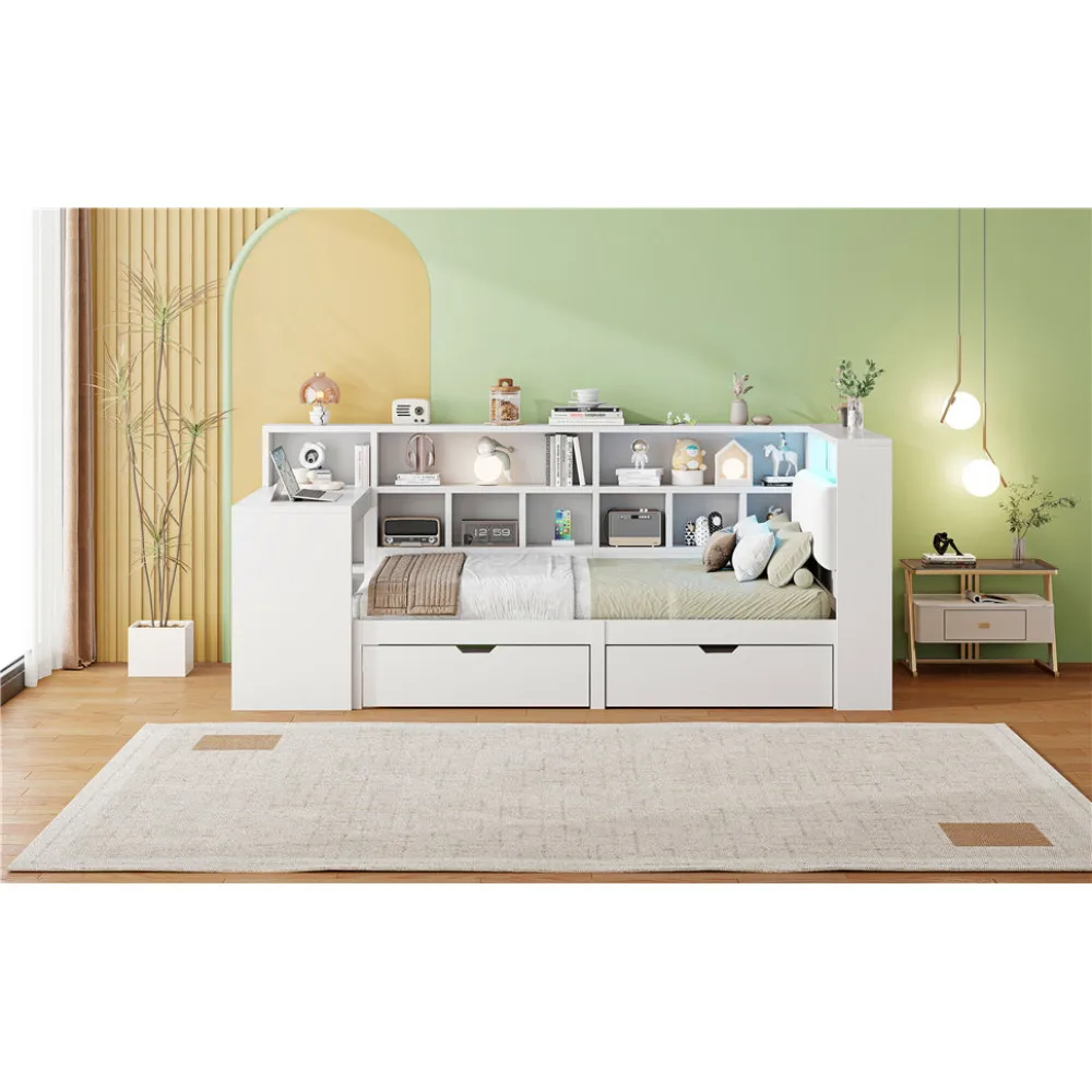 90x200 L-förmiges Plattformbett aus Holz mit Schreibtisch und Bücherregal, Eckkapitänsbett mit gepolstertem Kopfteil, Schubladen, LED-Licht – Detail 18
