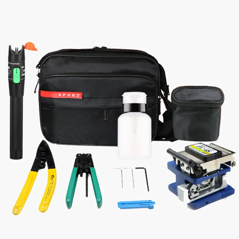 

Fiber Optic Tools Kits 9 in 1 FTTH Fiber Optic Tool Bag +Fiber Stripper+ fc-6s Fiber Cleaver+ Miller+30KM VFL Light Pen