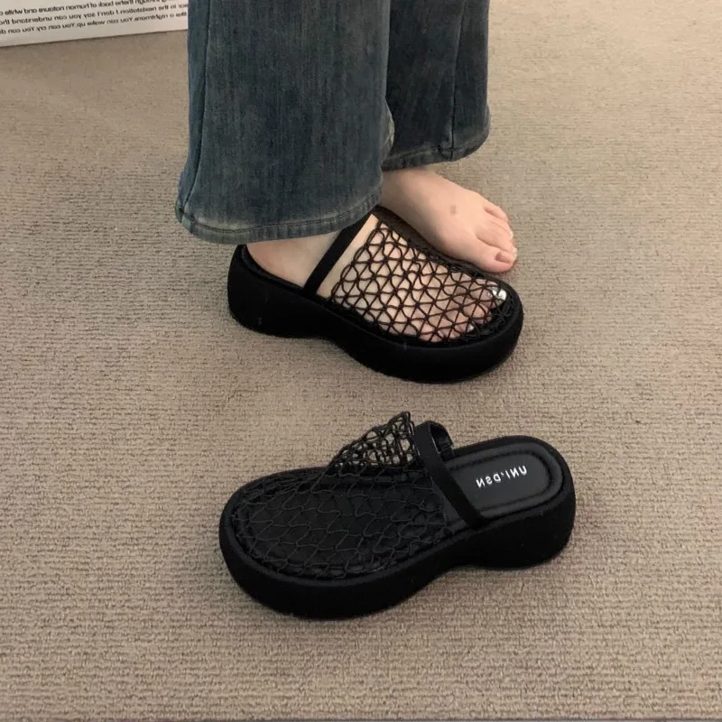 Черные сандалии на высоком каблуке с толстой подошвой Muffin, женская обувь, летние нежные полутапочки маленькой высоты