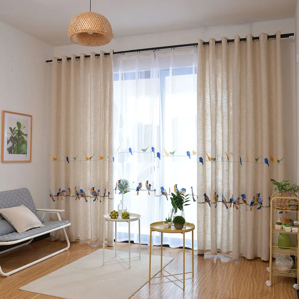 Embroidered Birds Curtains Tulle for Living Room  Linen Fabric Curtains Birds Cloth White Soild Voile Tulle WP432#HS