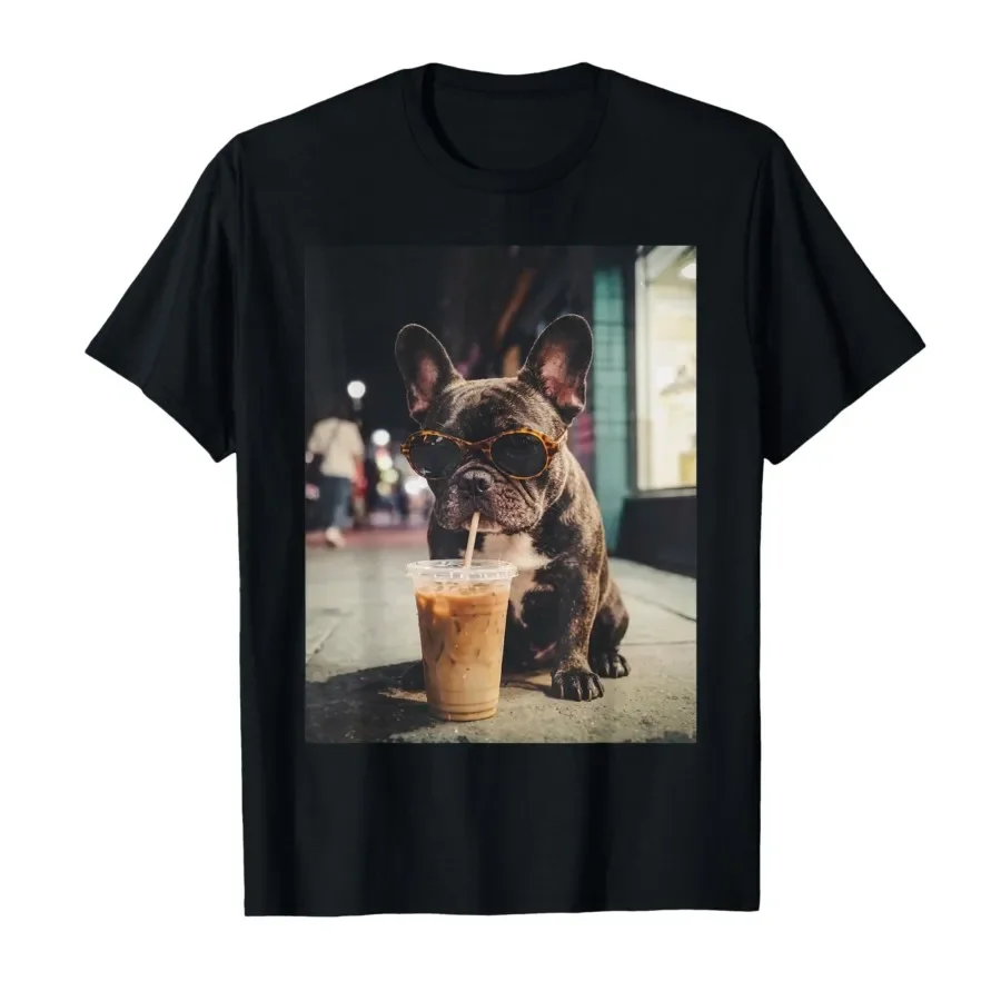 French Bulldog Drinking Iced Coffee Funny Animal T-shirt For Men Women 100% Cotton T Shirts Short Sleeve Tops 0406-1