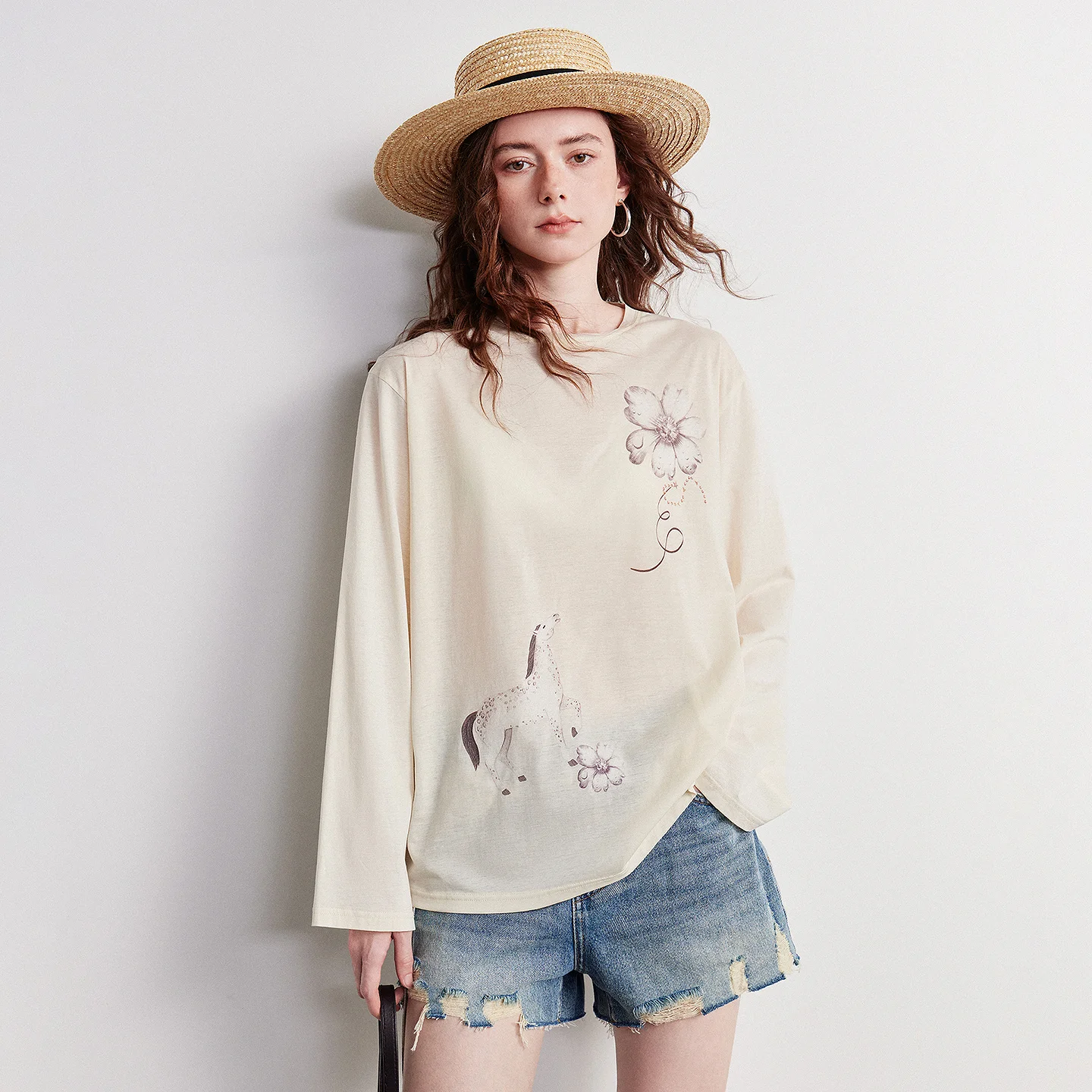 TOYOUTH Women Soft Sand Cotton Long Sleeve T-Shirt 2026 Summer New Lightweight Flower Horse Print Vacation Sun Cover Up