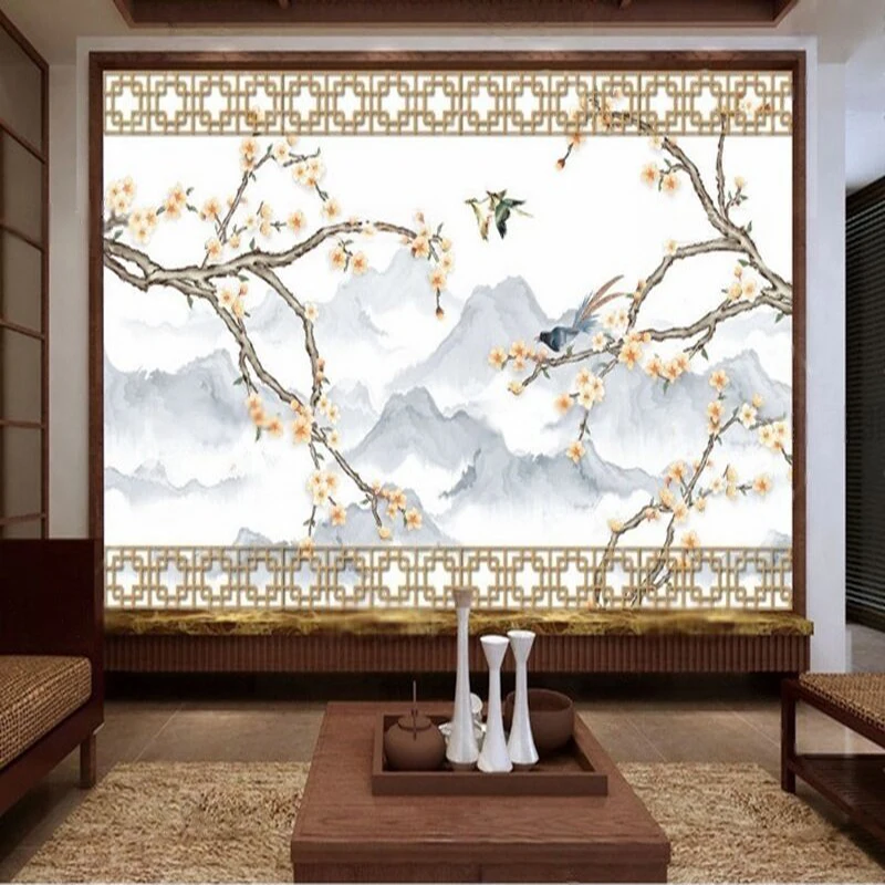 新しい中国風手描きの精緻でシンプルな花と山、植物のウォールステッカーと豪華なスタイルの壁画