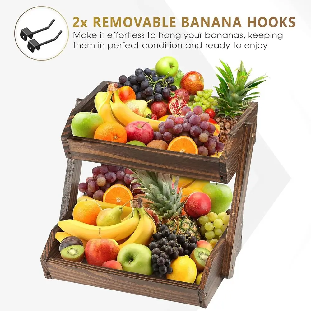 2-Tier Wooden Fruit Basket, Durable Acacia Wood, 10.5 Tall, Spacious for Produce, Vegetables, Bread Storage and Home Kitchen Cou