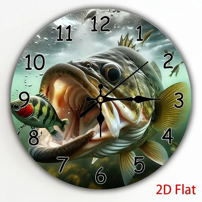 2D Fla, Big Fish Eats Little Fish Fun, Silent Round Swiss Wall Clock, Effect Pattern, Suitable for Bedroom, Living Room
