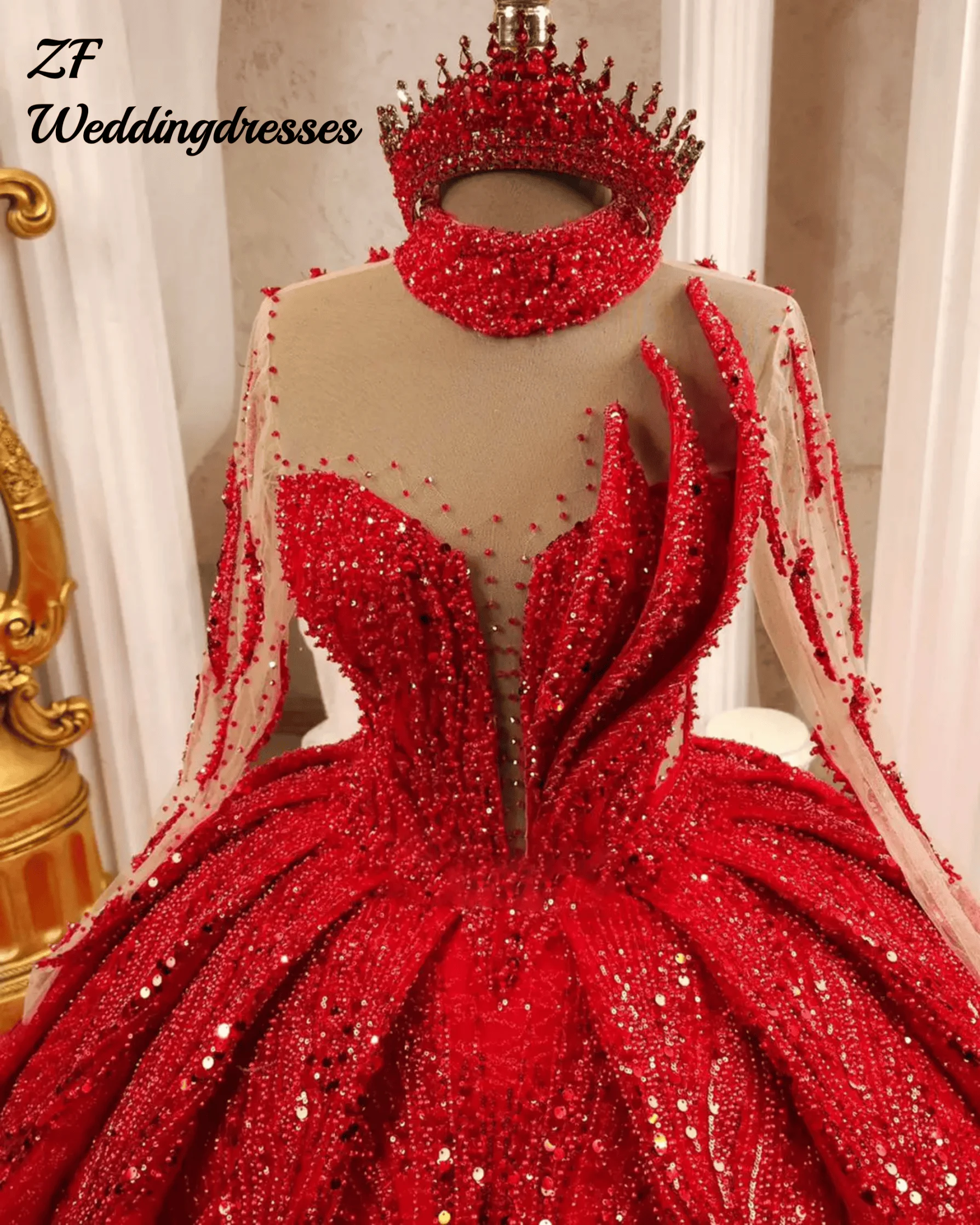 カスタマイズされた赤いボールガウンのウェディングドレスビーズクリスタル真珠レースブライダルドレスビッグサイズスイープトレインvestidoデノビア
