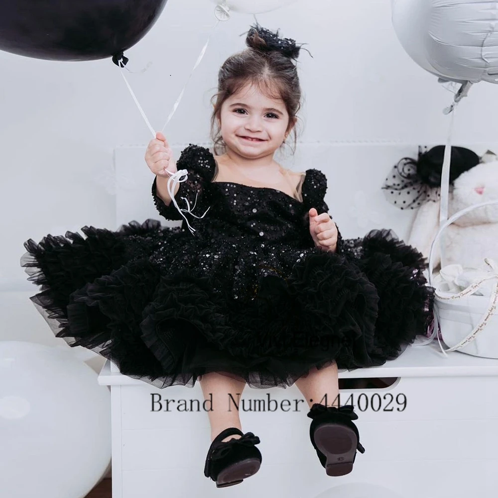 Encantador Praça Collar Black Flower Girl Vestidos com lantejoulas Full Sleeve Sparkle Tiered Tutu Joelho Comprimento Vestidos de festa de casamento