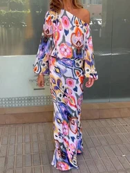 Autumn Casual Loose Print Two-piece Women Off Shoulder T-shirt Asymmetrical Long Sleeved Top And Half Body Fishtail Skirt Set