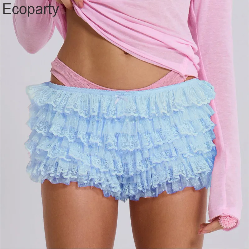 Pantalones cortos plisados de encaje Kawaii Lolita, pantalones cortos rosas de cintura alta, pantalones cortos sexis ajustados para niñas, pantalones cortos Y2k de malla multicapa para mujeres