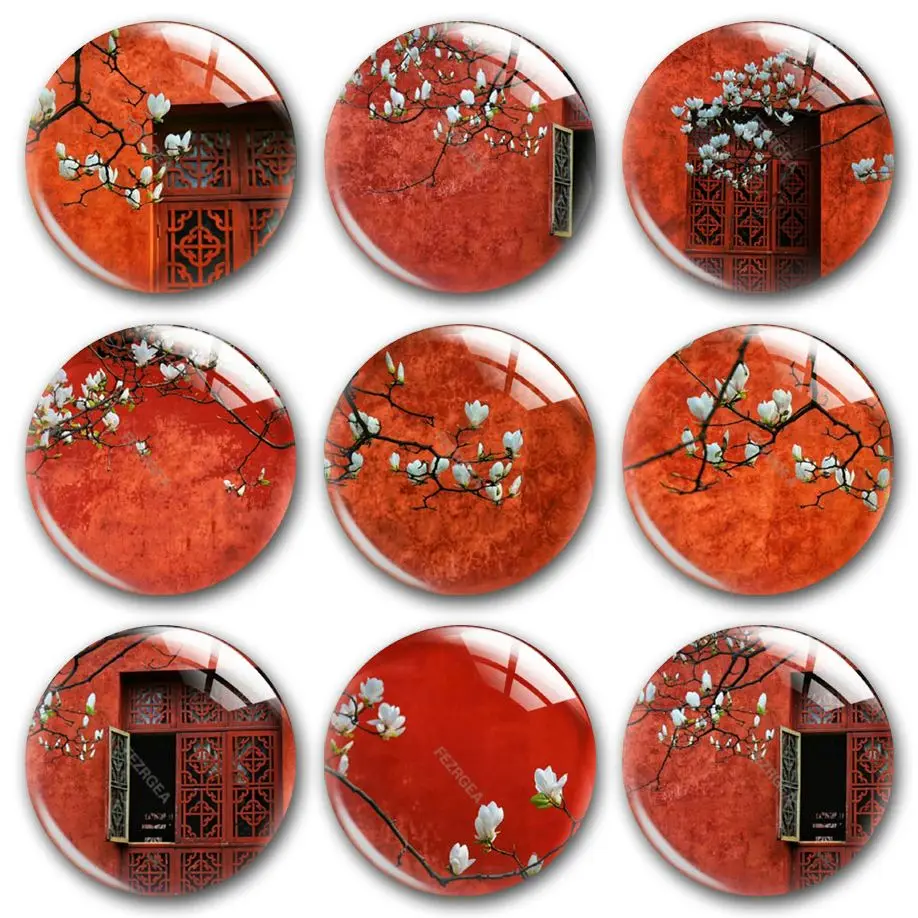 

Handmade Lucky Red Mangnolia Japanese Style Round Photo Glass Cabochon Demo Flat Back For DIY Keychain Jewelry Making Supplies