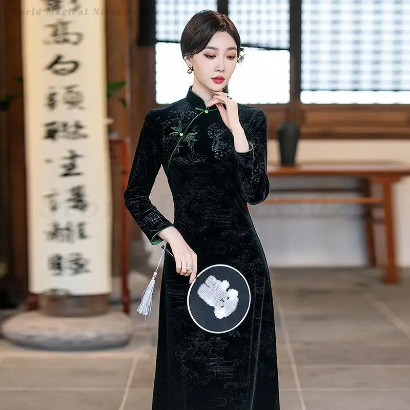 القطيفة ألف خط شيونغسام الجاكار خمر النمط الصيني فستان سيدة مثير سليم تشيباو مساء ثوب حفلة مرحلة الأداء زي #6