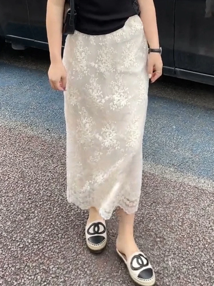 

High Waist Korean Sle Sculpture Flower Heavy Crt Design Summer New Faion f Skirt A-Line Long Skirt Pure Color