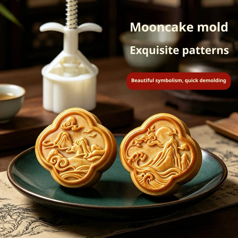 Landscape Painting Mooncake Mold Hand Press Food Grade 75g Pastry Mold for Mung Bean Cakes Baking Tool