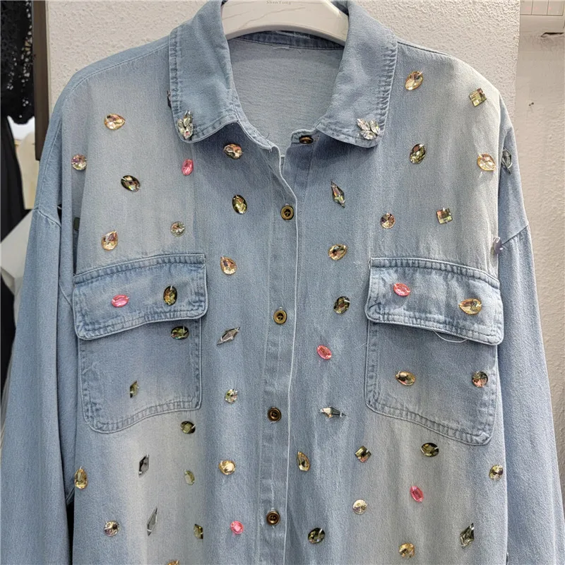 Retro Chic Light Luxury High-end Denim Shirts Women's 2025 Early Spring New Pocket Decoration Shirt Female Versatile Inner Tops