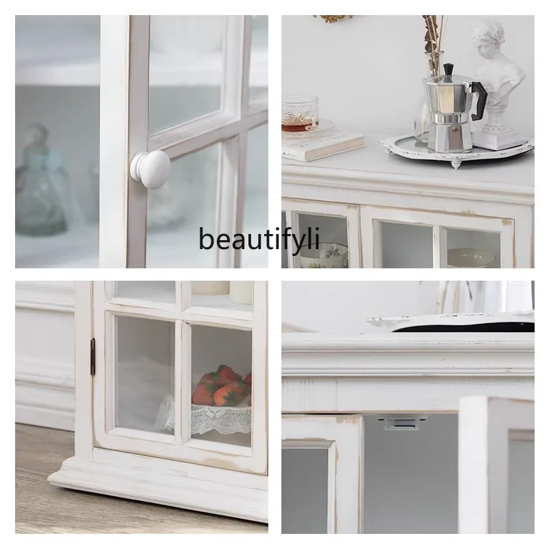 Solid Wood Vintage Sideboard Cabinet American Style Simple Glass Double Door Storage Cabinet Living Room Tea Cabinet Buffet