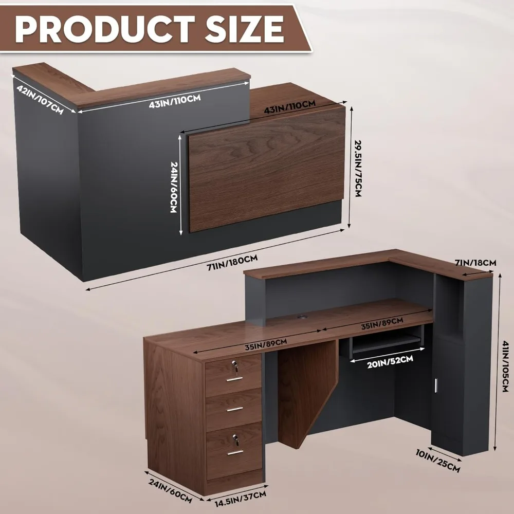 مكتب استقبال خشبي كبير على شكل حرف L، مكتب استقبال أمامي حديث مع أدراج قابلة للقفل وتخزين وصينية لوحة المفاتيح